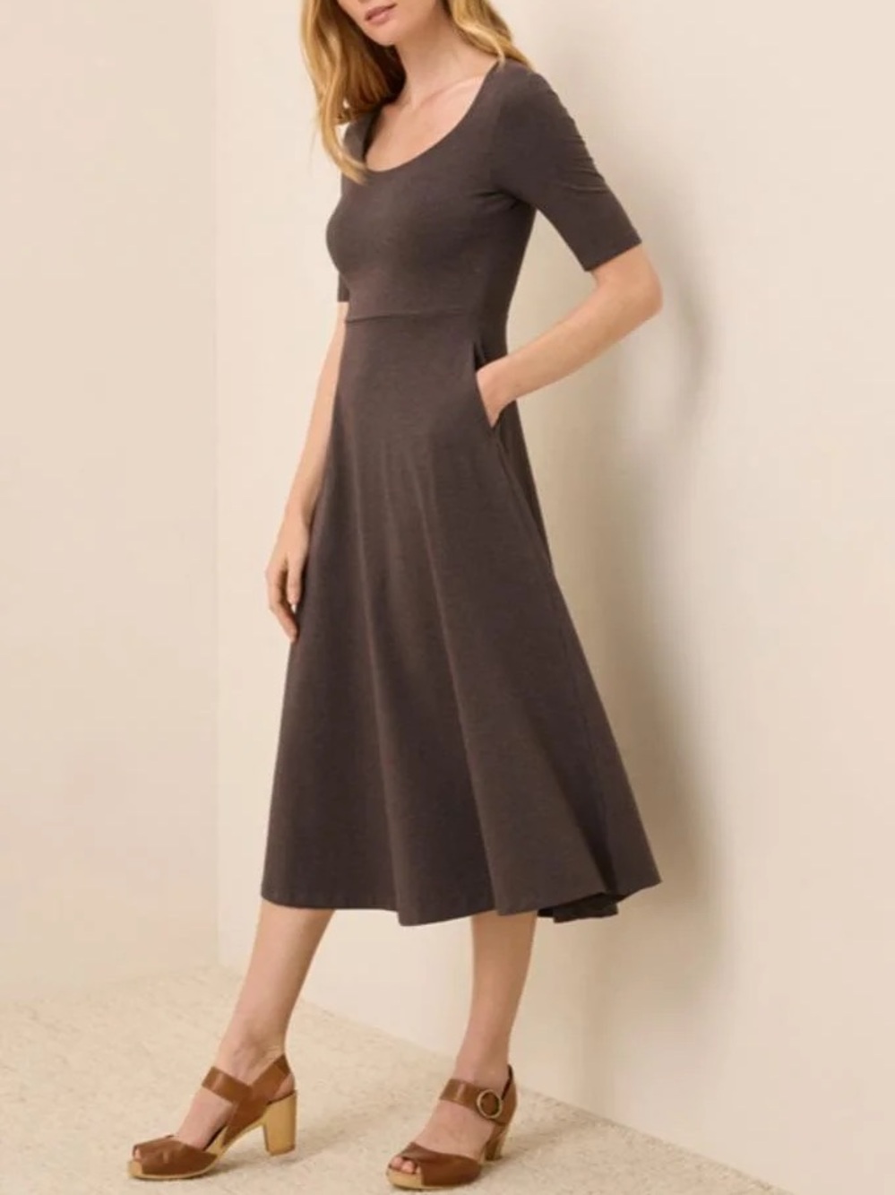 Pact fit and flare scoopneck midi dress XXL brown pockets organic cotton fall